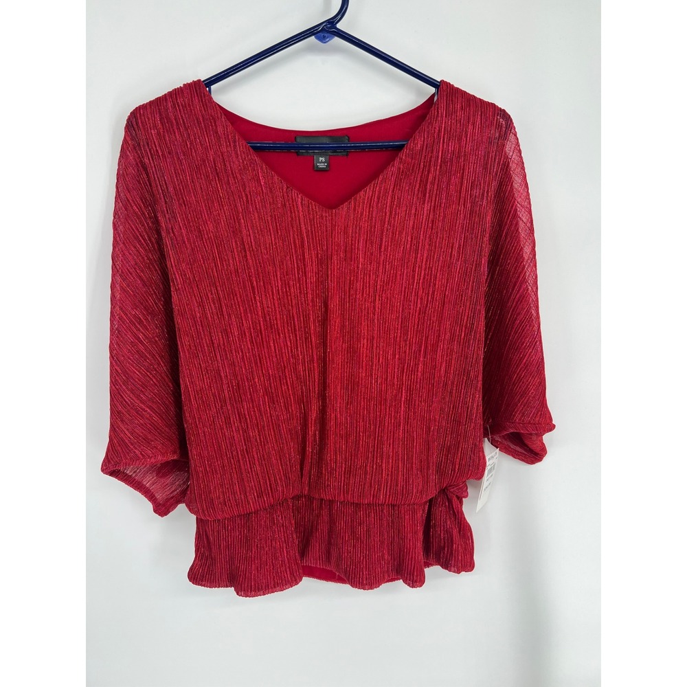 Harper 241 Red Pleated Shimmer V-Neck‎ Blouse Rhinestone Shoulder Petite Small